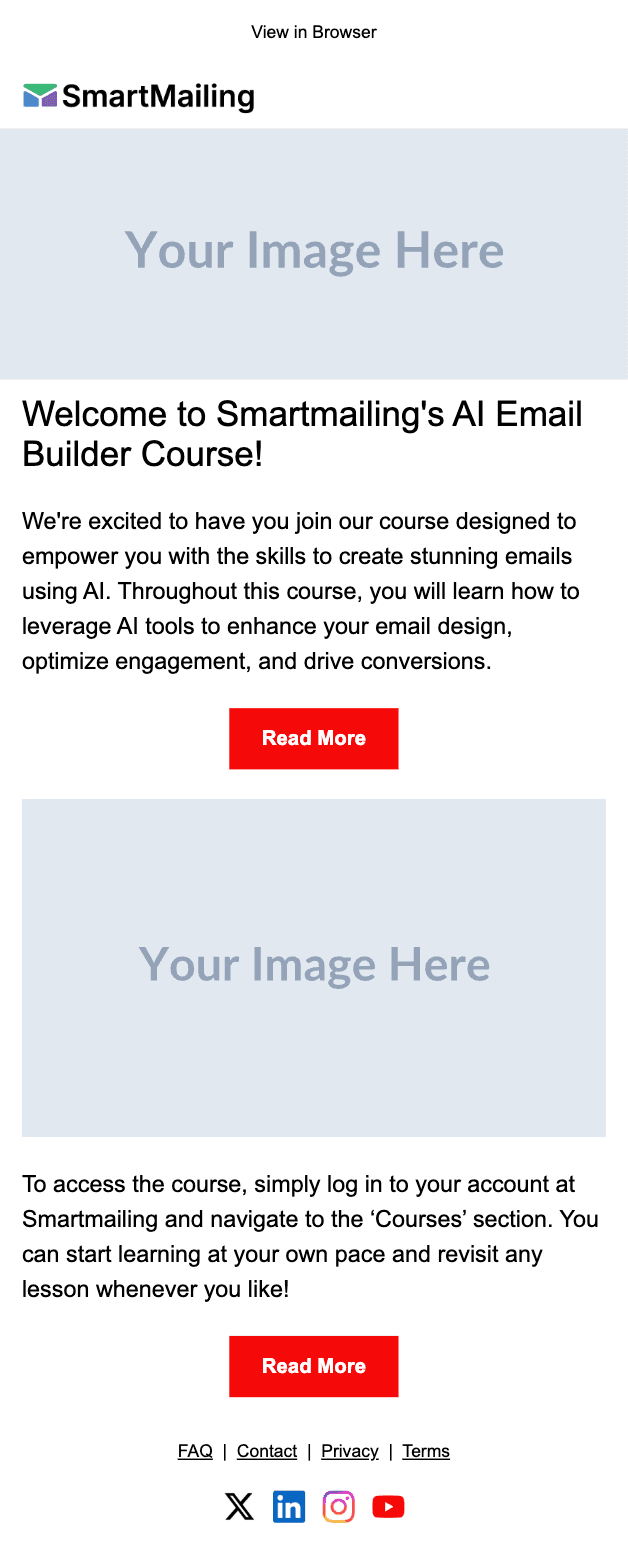 Course Welcome email template preview — mobile